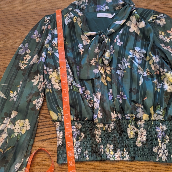 EUC Greylin Anthropologie womens medium Estelle tie neck blouse green floral - Picture 4 of 8